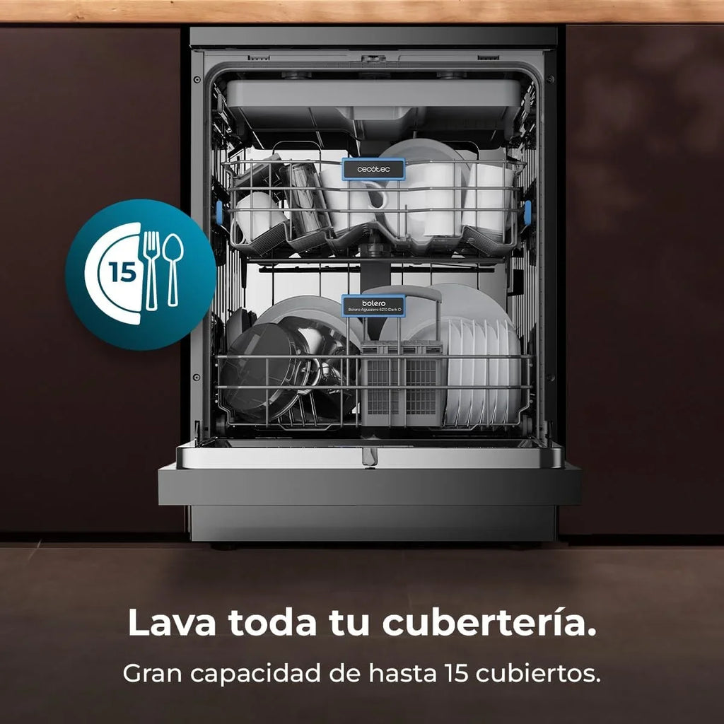 Cecotec Bolero Aguazero 6210 Dark Lavavajillas 60 cm, 15 Cubiertos, Tercera Bandeja, 8 Programas