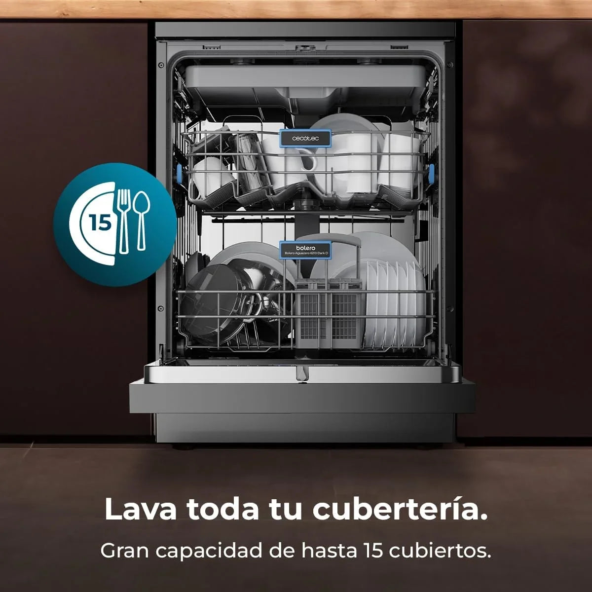 Cecotec Bolero Aguazero 6210 Dark Lavavajillas 60 cm, 15 Cubiertos, Tercera Bandeja, 8 Programas