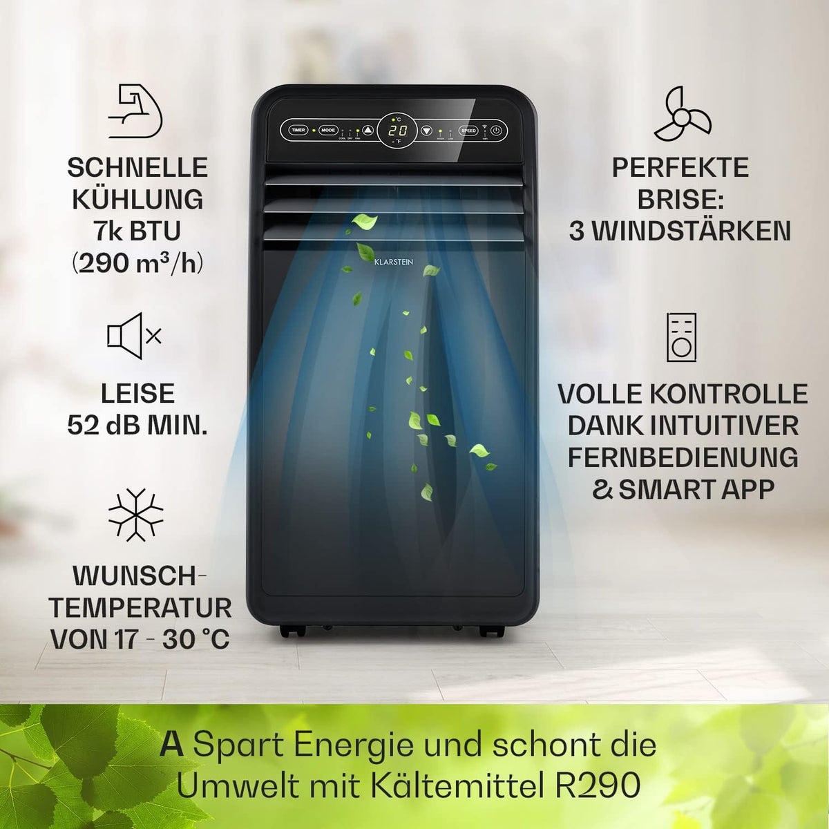 Klarstein Aire Acondicionado Portátil 4 en 1 con Modo Noche y Bajo Consumo, hasta 12000 BTU