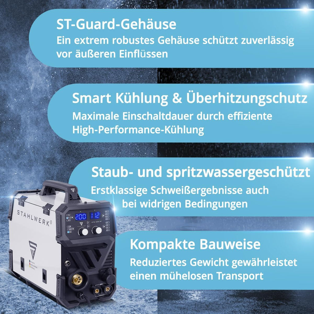 STAHLWERK MTM-200 ST Soldador 3 en 1 TIG, MIG/MAG y MMA hasta 200 A, Arrastre de 4 Rodillos