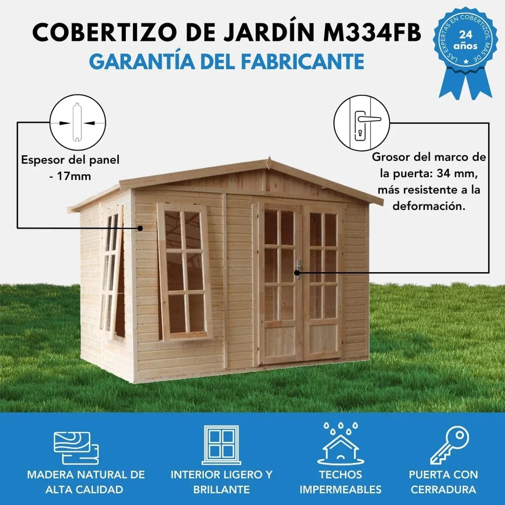 TIMBELA M334FB Caseta de Jardín de Madera 6 m² con Suelo, Ventana y Puerta Doble, Tejas Verdes