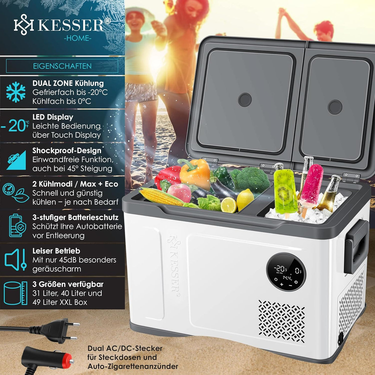 KESSER Nevera Portátil de Compresor Doble Zona hasta -20 °C con Pantalla Táctil, 12/24 V y 230 V