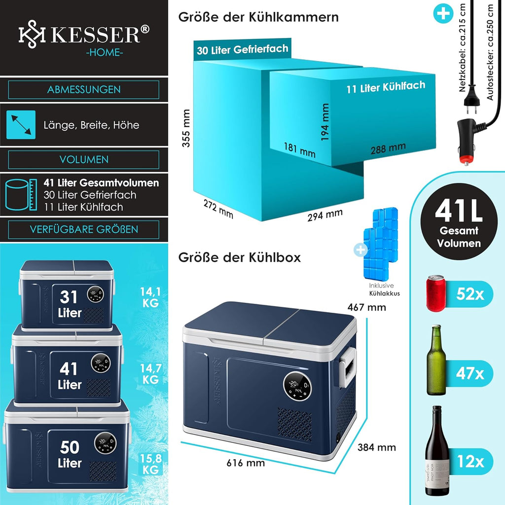 KESSER Nevera Portátil de Compresor Doble Zona hasta -20 °C con Pantalla Táctil, 12/24 V y 230 V