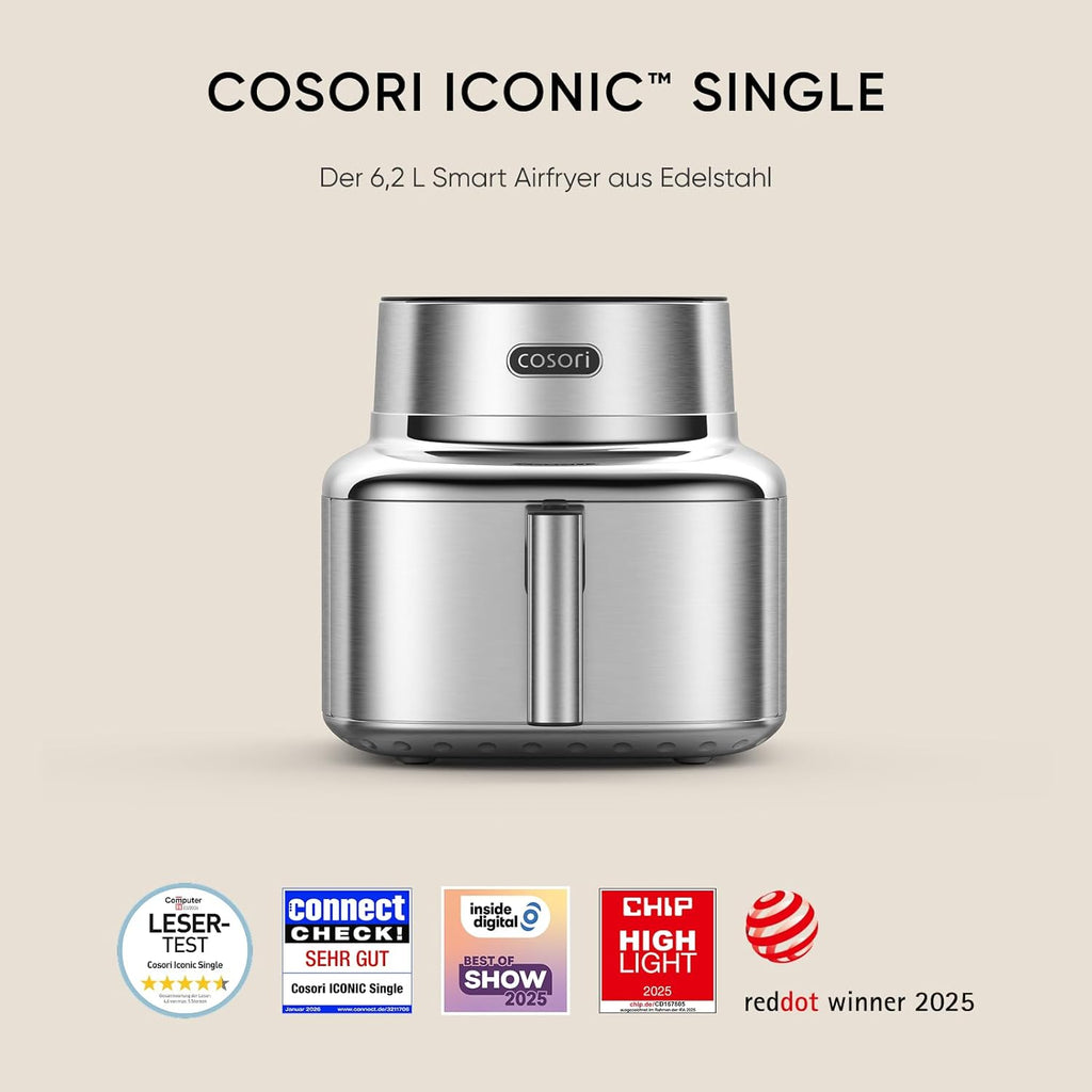 COSORI Iconic Single SE601S Freidora de Aire 6,2 L 7 en 1 sin PFAS, Acero Inoxidable