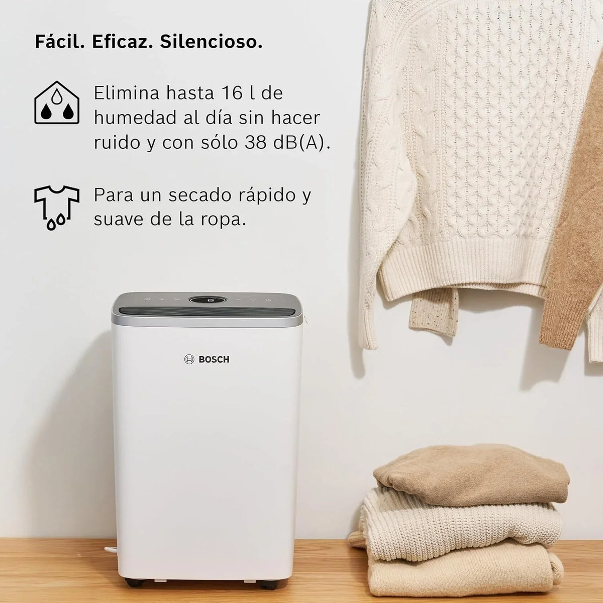 Bosch Dry 4000 Deshumidificador Silencioso 16 L/día hasta 33 m², Depósito 2,5 L, Modo Ropa