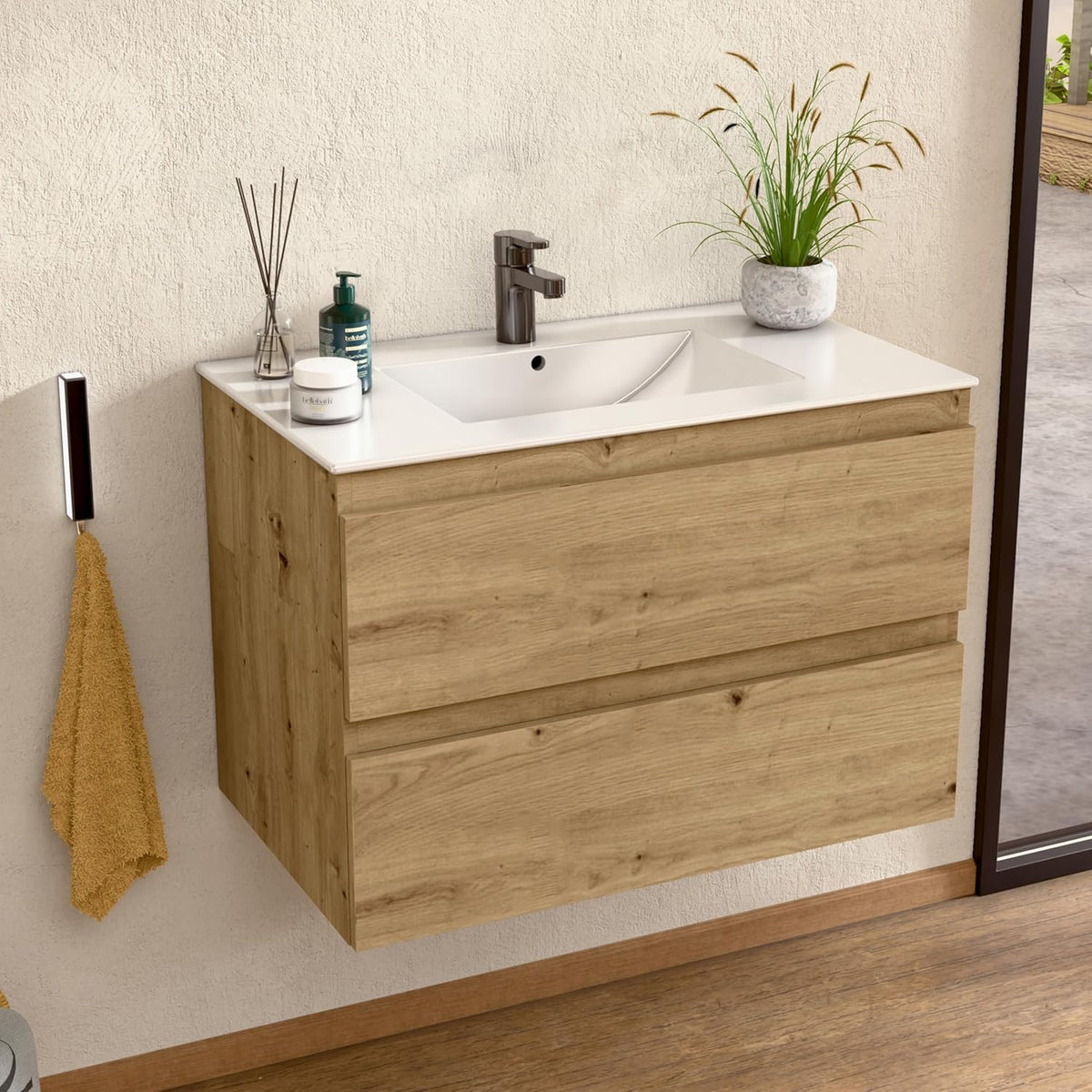 BELLOBATH Mueble de Baño Suspendido 80 cm con Lavabo de Cerámica y 2 Cajones, Roble