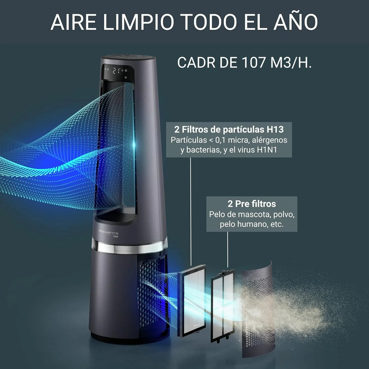 Rowenta Eclipse QU5062 Ventilador, Purificador y Calefactor 3 en 1, 2100 W, Filtra el 99,95% de Partículas