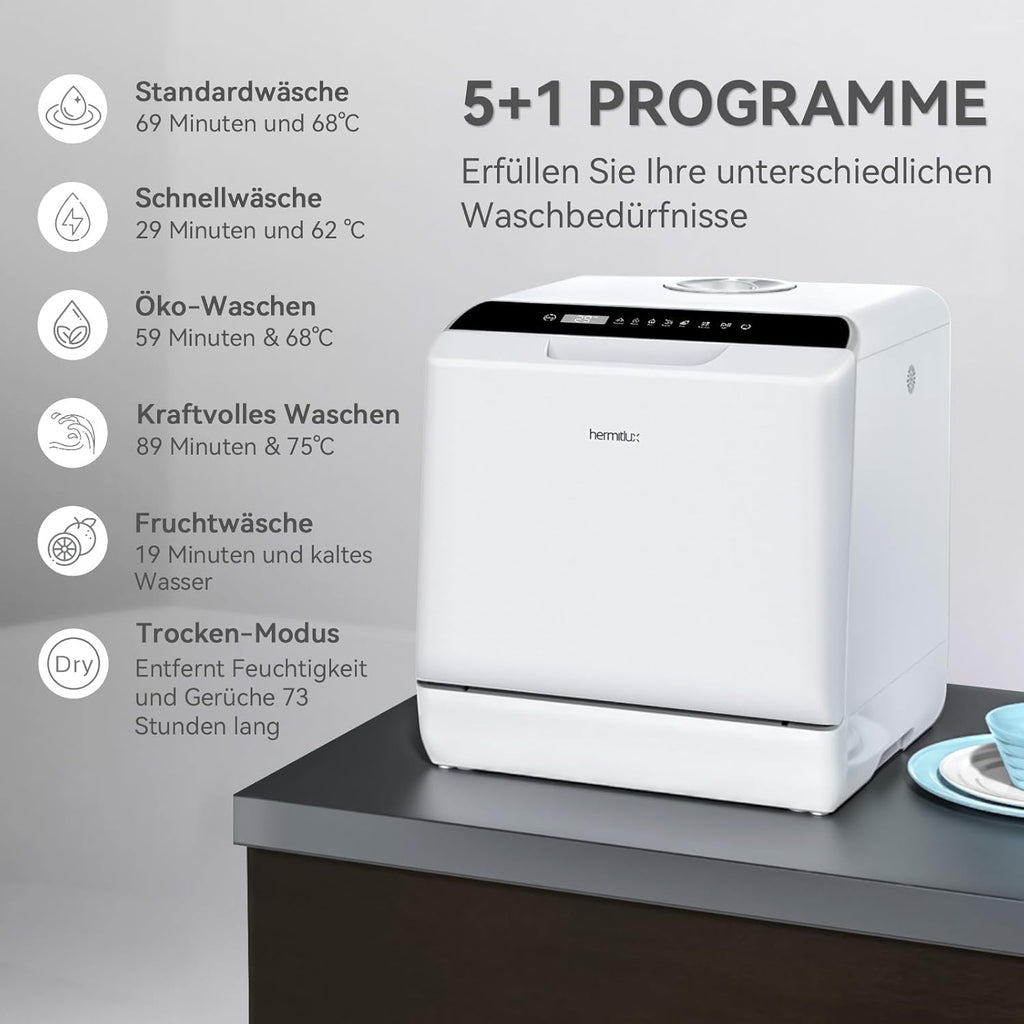 Hermitlux Mini Lavavajillas de Sobremesa para 4 Cubiertos con Depósito de 5 L, Blanco