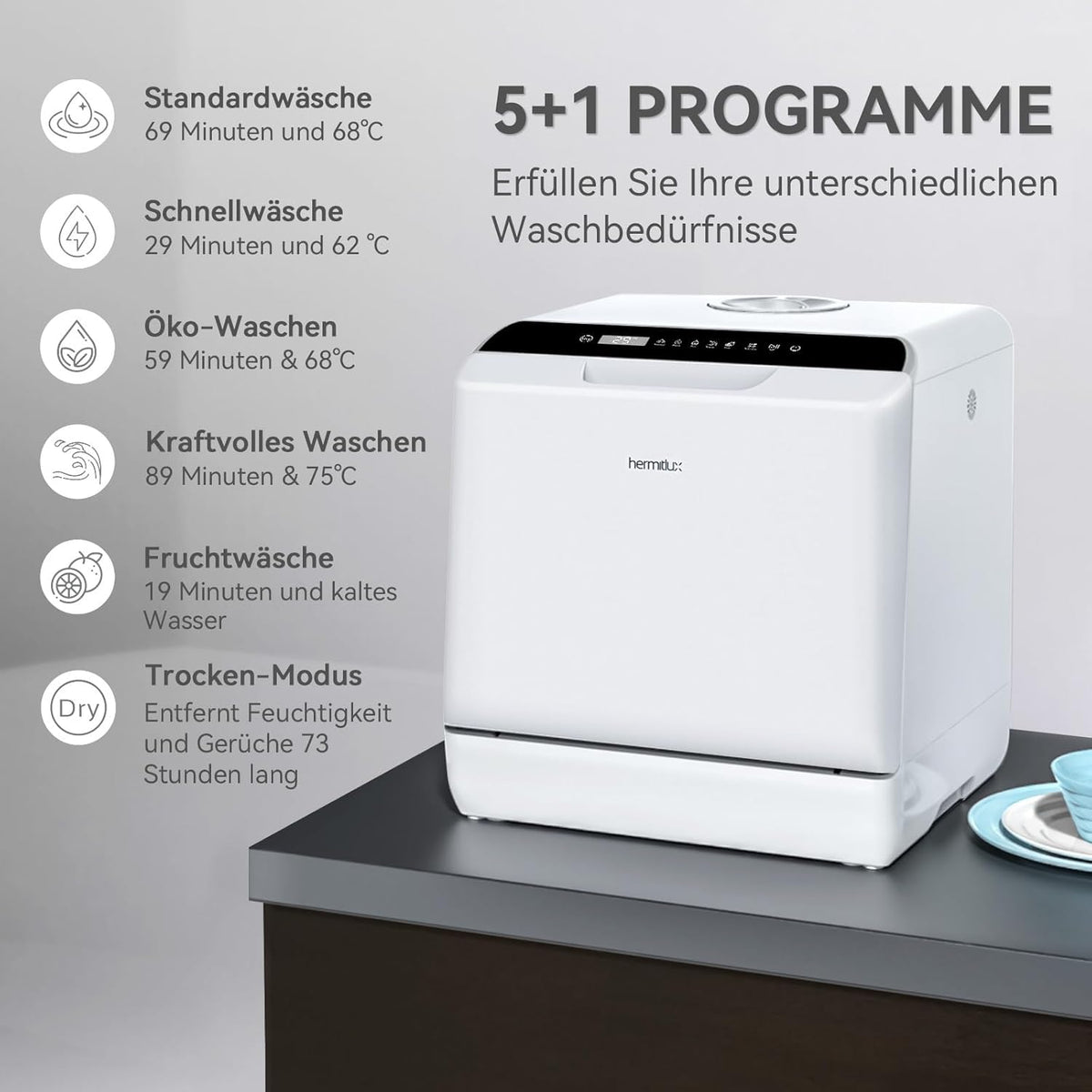 Hermitlux Mini Lavavajillas de Sobremesa para 4 Cubiertos con Depósito de 5 L, Blanco