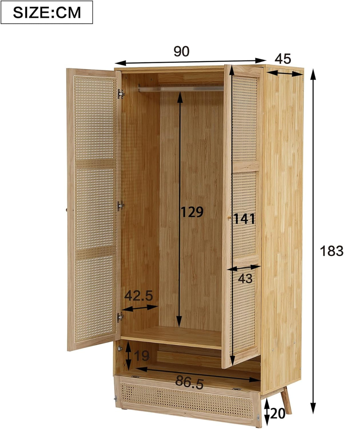 Soweiz Armario de 2 Puertas con Barra y Ratán PE, Natural, para Dormitorio o Salón