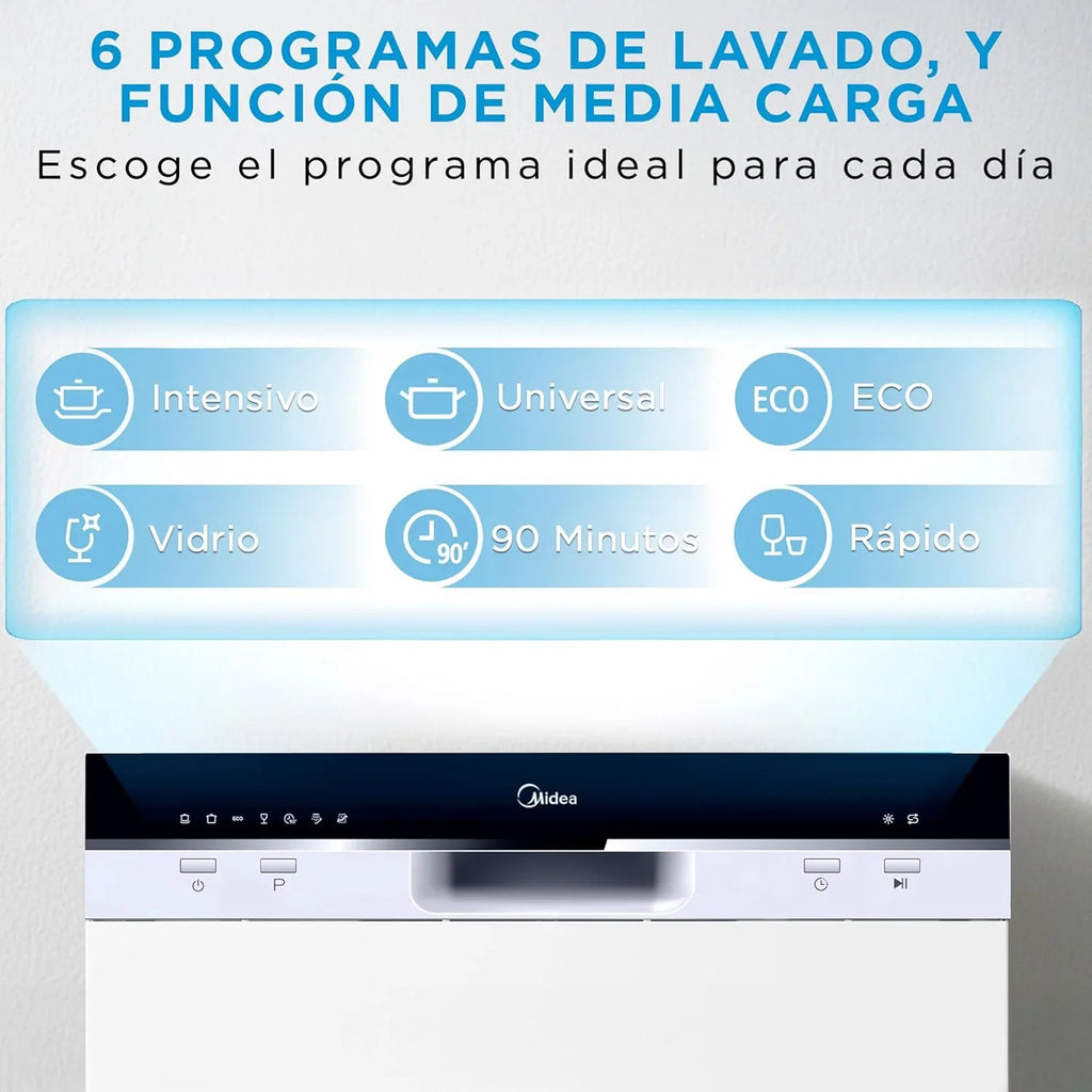 Midea Lavavajillas Compacto de Encimera 55 cm, 6 Servicios, 7 Programas, sin Instalación, Blanco