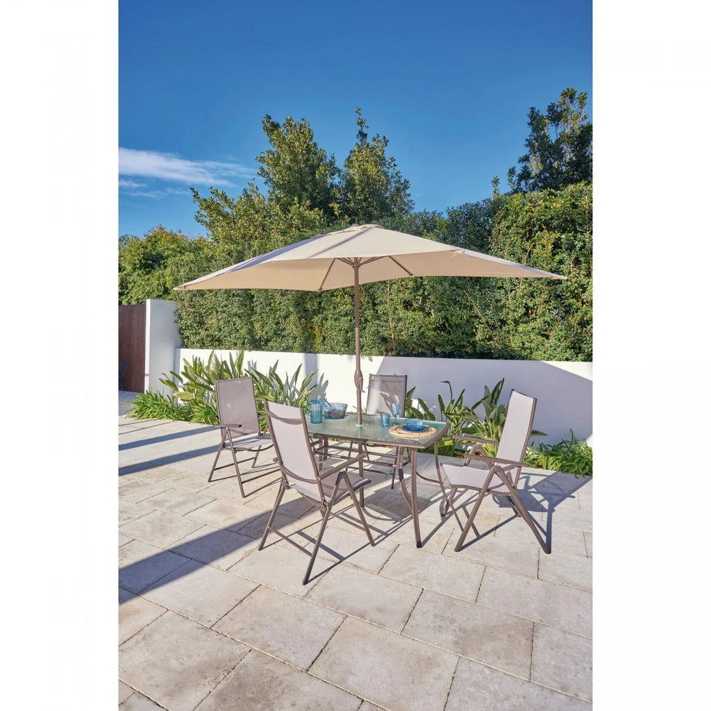 Conjunto de Jardín Málaga de Acero: Mesa, 4 Sillones Reclinables y Parasol
