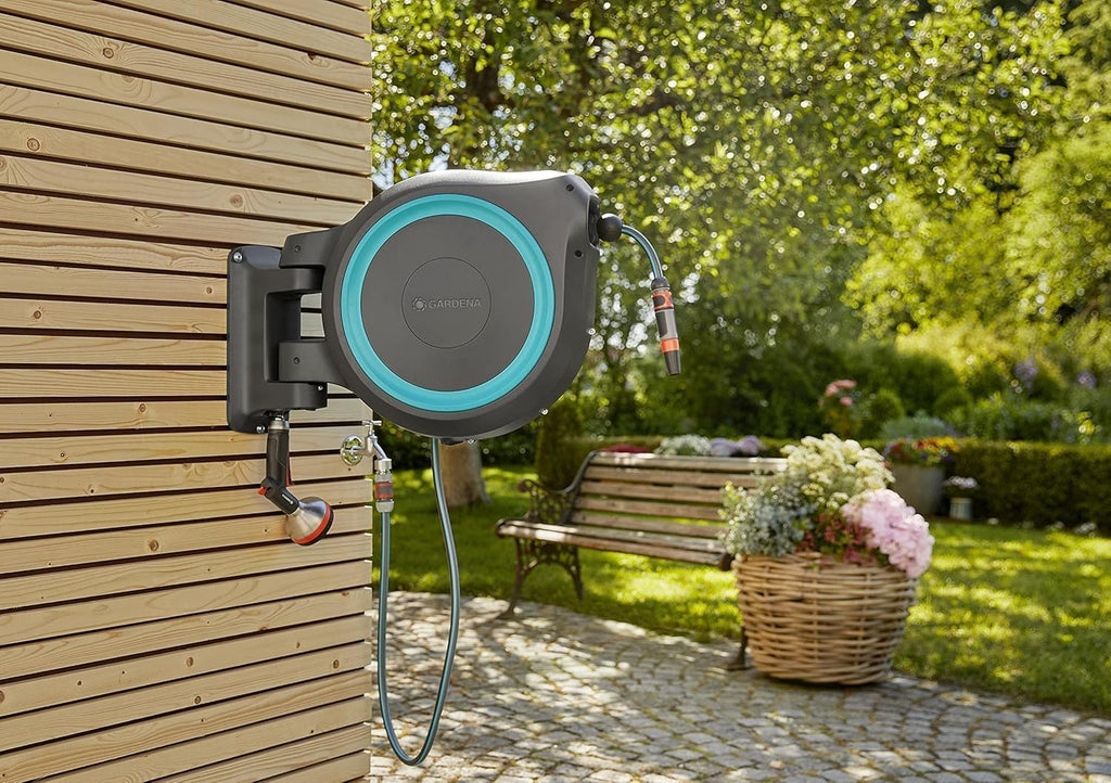 Gardena RollUp M/L Portamangueras de Pared con Manguera de 25 m, Giratorio, Turquesa